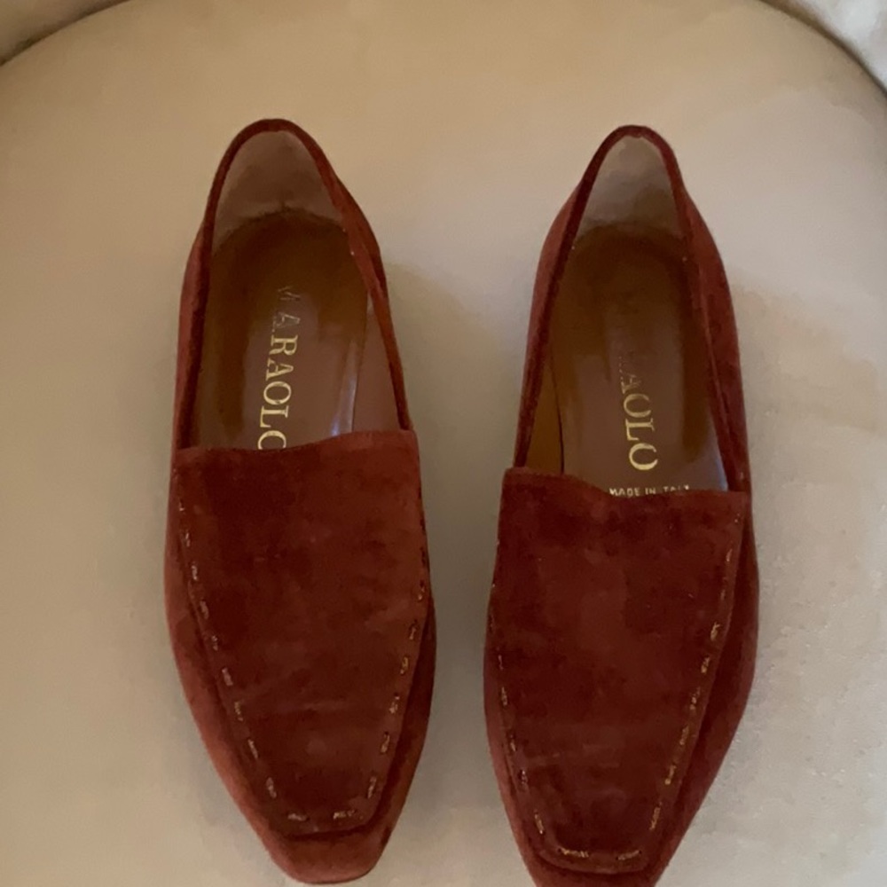 MARAOLO brown suede gold metallic loafer flat moccasin accent size 9